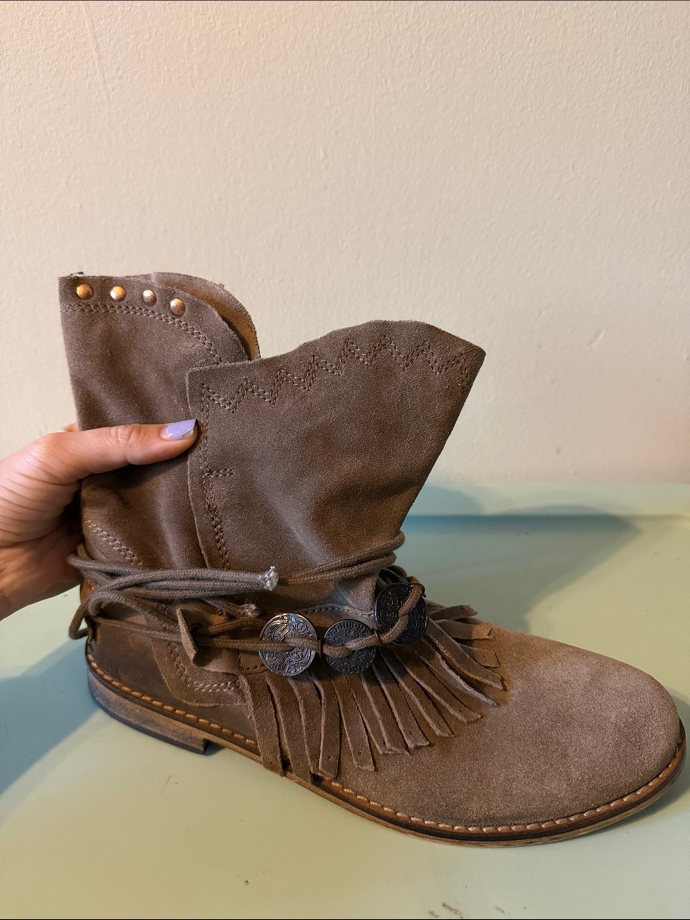 Musse & Cloud Taupe Fringe Suede Wrap Ankle Boots